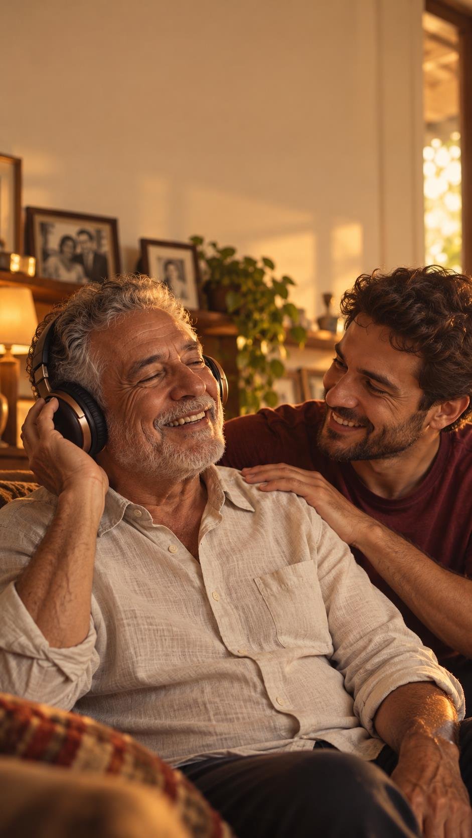 Pai com fones de ouvido recebendo o carinho do filho adulto